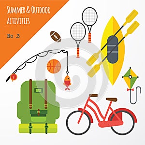 Summer outdoor activities sport equipment flat icons collection with tennis rackets and bicycle abstract isolated