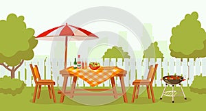 Summer outdoor backyard barbecue party with furniture, umbrella, food on grill