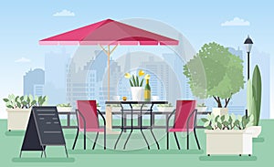 Summer outdoor cafe, coffeehouse or restaurant with table, chairs, umbrella and welcome board standing on city street