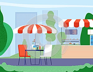 Summer outdoor cafe. Empty table and armchair under umbrella in street cafe. Bistro restaurant vector background photo