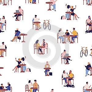 Summer outdoor cafe with relaxing cartoon people seamless pattern. Colorful men, women and children spending time photo