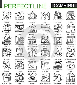 Summer outdoor camping concept symbols. Perfect thin line icons. Modern linear style illustrations set.