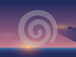 Summer outdoor camping holiday vector concept with tent on cliff near sea. Symbol of active adventure holiday