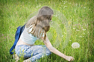 Summer outdoor portrait of a romantic girl with a big fluffy dandelion. the child holds a dry dandelion in his hands