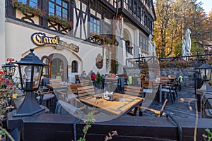 Summer outdoor restaurant near Pelisor Castle in Romania