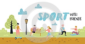 Summer Outdoor Sports Activities. Active People in the Park Poster, Banner. Running, Yoga, Roller, Fitness. Characters Workout