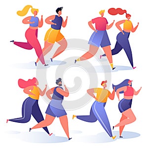 Summer outdoor sports activities. Vector illustration with couples of people characters running, doing workout outside.