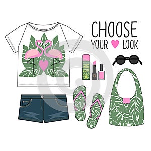 Summer outfit. Fashion Illustration. Woman modern clothing flat lay set.