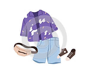 Summer outfit set. Casual unisex apparel, garments in modern trendy style. Shirt, shorts, sneakers and cross-body bag