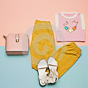 Summer outfit Vanilla Trousers Sandals Bag Minimal Design Fashion jewelery accessories