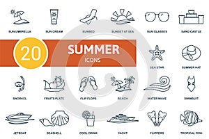 Summer outline icons set. Creative icons: sun umbrella, sun cream, sunbed, sunset at sea, sun glasses, sand castle, sea