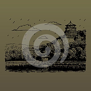 The Summer Palace. Beijing, China. Graphic illustration on the gold backgraund