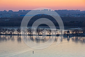 The Summer Palace in Beijing, the ice surface of Kunming Lake in the sunset