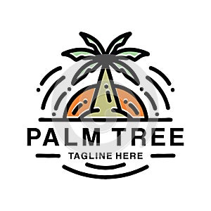 Summer Palm Tree In The Beach Monoline Logo Vector Vintage Emblem Design badge illustration Symbol Icon