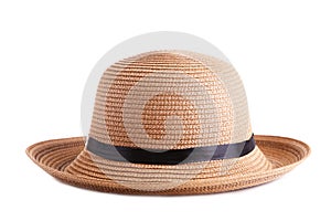 Summer panama straw hat with black ribbon isolated on white