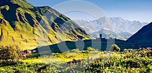 Summer panorama with ancient Lamaria church in Ushguli village.