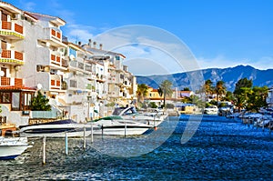 Summer panorama of Empuriabrava with yachts, boats and waterways in Costa Brava, Catalonia, Spain