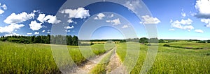 Summer panorama landscape with country road in the field of green grass lit with sunshine and beautiful clouds