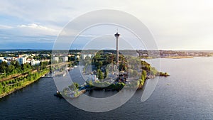 Summer panorama of the Tampere city at sunset.