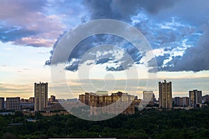 Summer panoramic view. Dramatic stormy sky over the environmentally friendly comfortable residential district in Moscow.