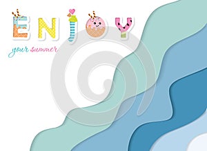 Summer paper cut out banner. 3d waves layers background. Funny cartoon letters. Vector