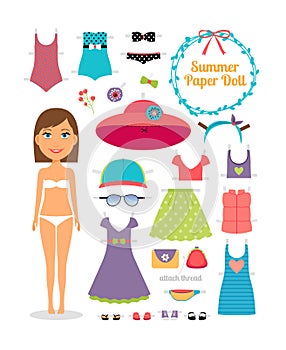 Summer paper doll. Girl with dress and hat
