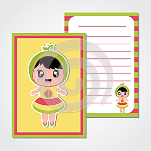 Summer paper note with cute watermelon girl cartoon for summer paper and scrap book