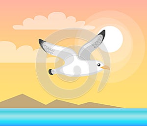 Summer Papercard with Flying Seagull, Sea Vector