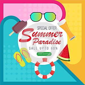 Summer Paradise colorful background with fruit, ice cream, sun-glass, elements.