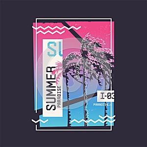 Summer paradise. Graphic t-shirt design on the topic of summer, holidays, beach, seacoast, tropics.