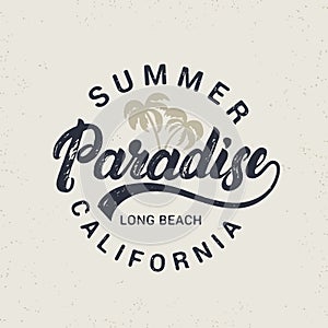 Summer paradise hand written lettering with palms illustration.