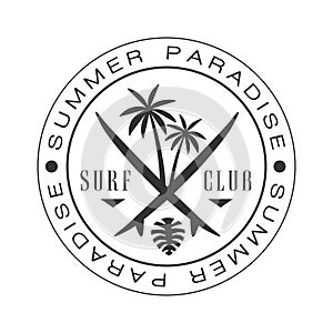 Summer paradise surf club logo template, black and white vector Illustration