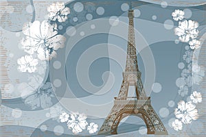 Summer in Paris - retro illustration with Eiffel Tower, hibiscus flowers and soap bubbles on blue geometric forms background