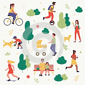 Summer park concept outdoor activity vector illustration, cartoon flat active people spend time in city park together
