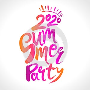 Summer Party 2020. Vector logo hand lettering felt-tip pen and a small sun drawn.