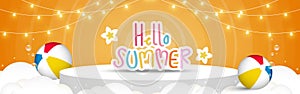 Summer party abstract background with Podium for your graphic decor with Beach balls, Clouds, and Decorative lights.