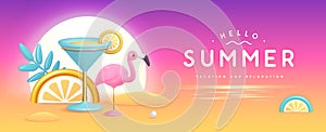 Summer party background with 3D plastic cocktail, tropic fruits and flamingo.