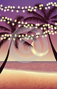 Summer party background with beach silhouettes palm