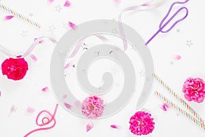 Summer party background with festive feminine accessories, ribbon, pink rose flower buds and petals on white background. Flat lay