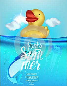 Summer party banner with yellow rubber duck in a water.