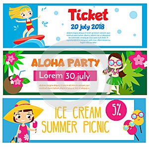 Summer party banners. Invitations, advertisements with happy children having beach fun and activity photo