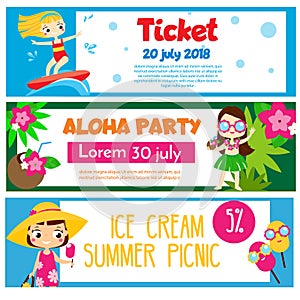 Summer party banners. Invitations, advertisements with happy children having beach fun and activity