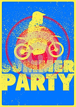 Summer Party or Bike Fest typographic grunge vintage poster design with motorcycle and bikers. Retro vector illustration.