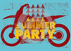 Summer Party or Bike Fest typographic grunge vintage poster design with motorcycle and bikers. Retro vector illustration.