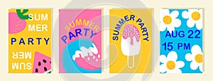 Summer party doodle posters set vector illustration
