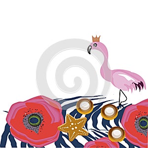 Summer party event poster card template. Exotic flamingo birds couple wearing crown. Tropical monstera green leaves