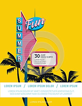 Summer party or festival poster vector template with retro motel sign and palm trees in background.