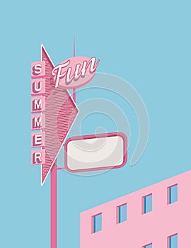 Summer party or festival vector poster template with retro vintage pink hotel. Leaflet or flyer template with copy space
