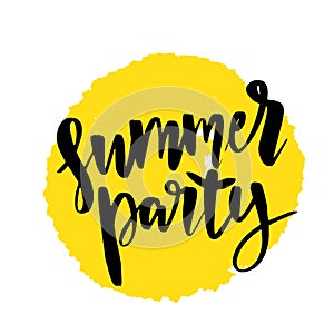 Summer party. Hand drawn lettering phrase isolated on white background. Design element for poster, postcard. Vector illustration