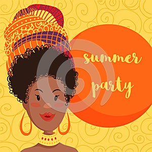 Summer party invitation design with cartoon beautiful African woman in turban with ethnic geometric ornament.